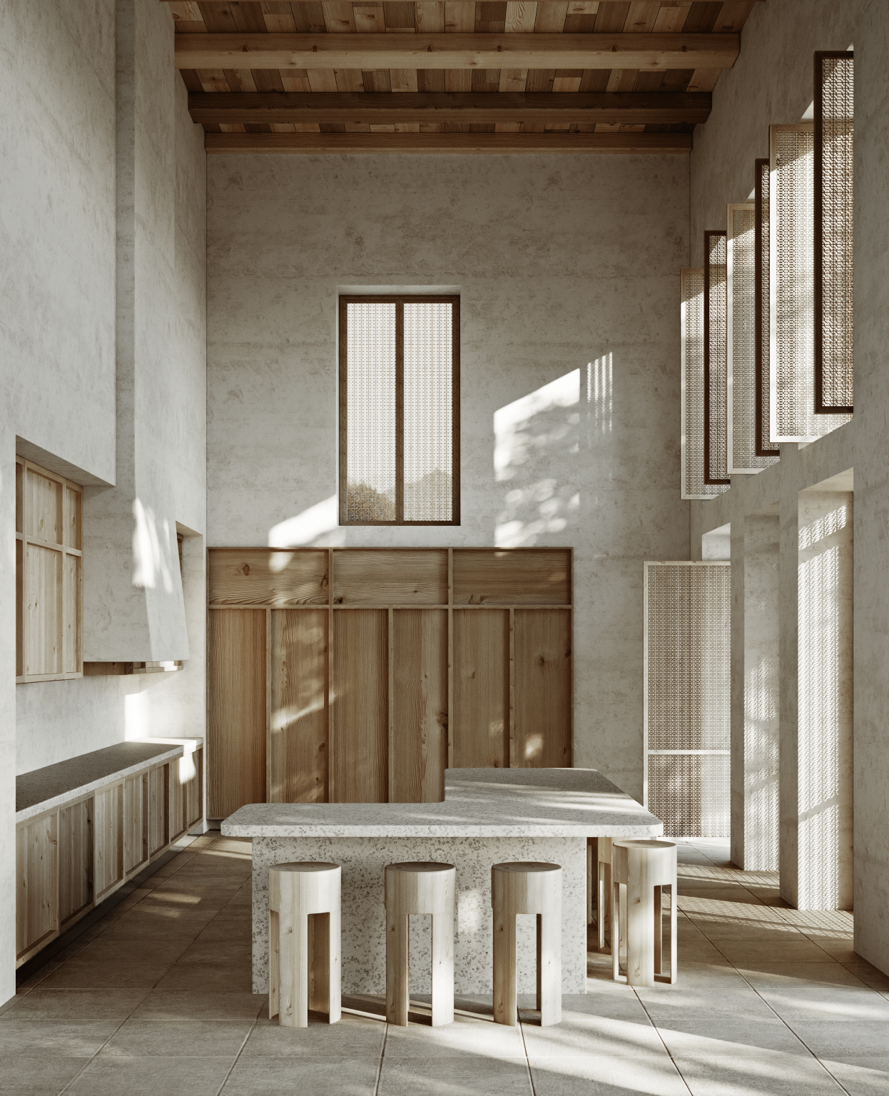 Elegant minimalist kitchen interior with wood accents and high ceilings. Perfect for modern design inspiration.