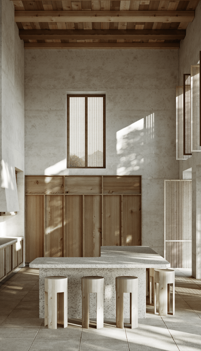 Elegant minimalist kitchen interior with wood accents and high ceilings. Perfect for modern design inspiration.